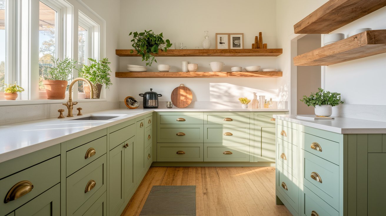 A kitchen featuring green cabinets and wooden shelves, creating a warm and inviting atmosphere.
