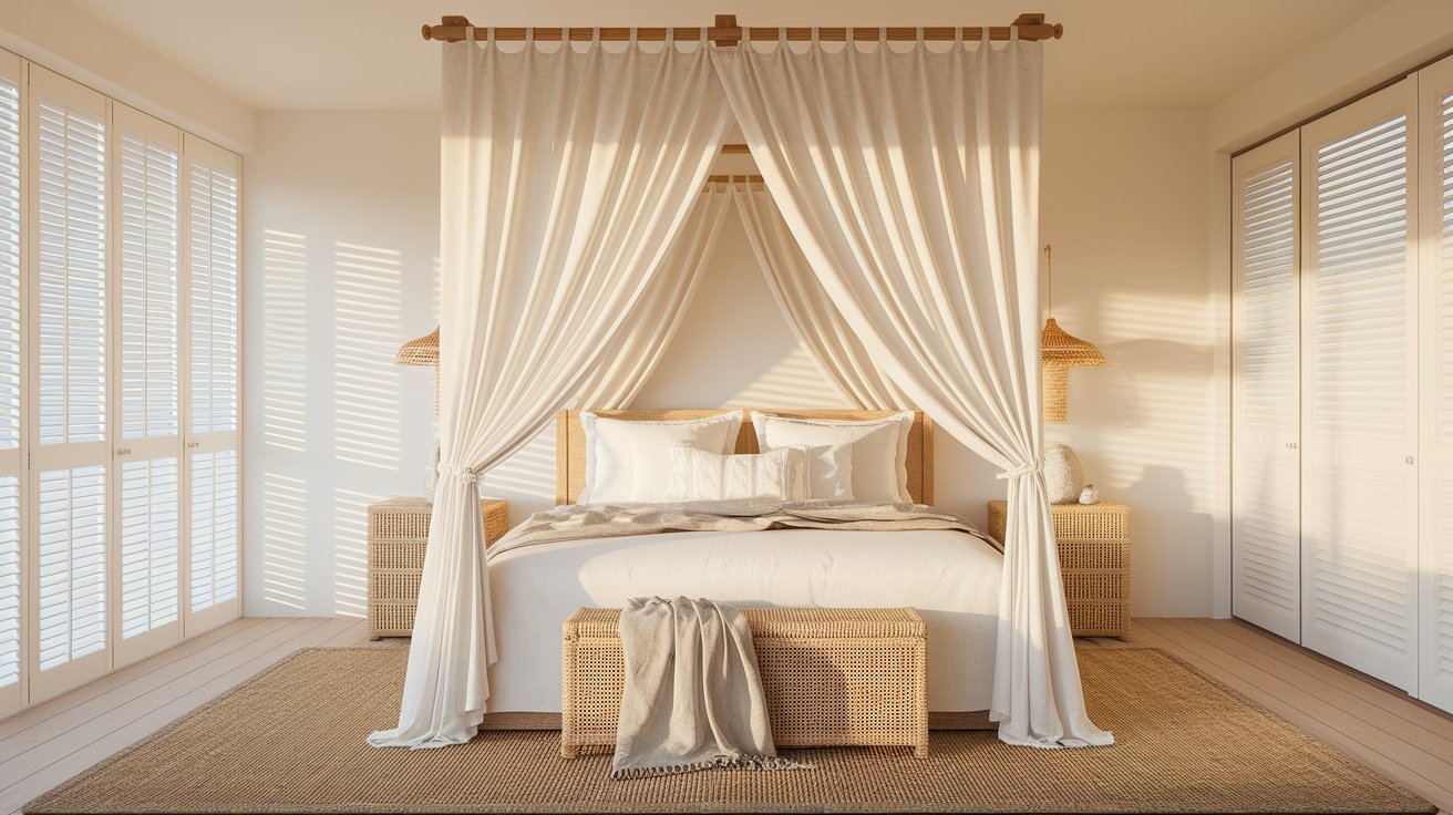 A cozy bedroom featuring a canopy bed adorned with white curtains, creating an inviting and serene atmosphere.
