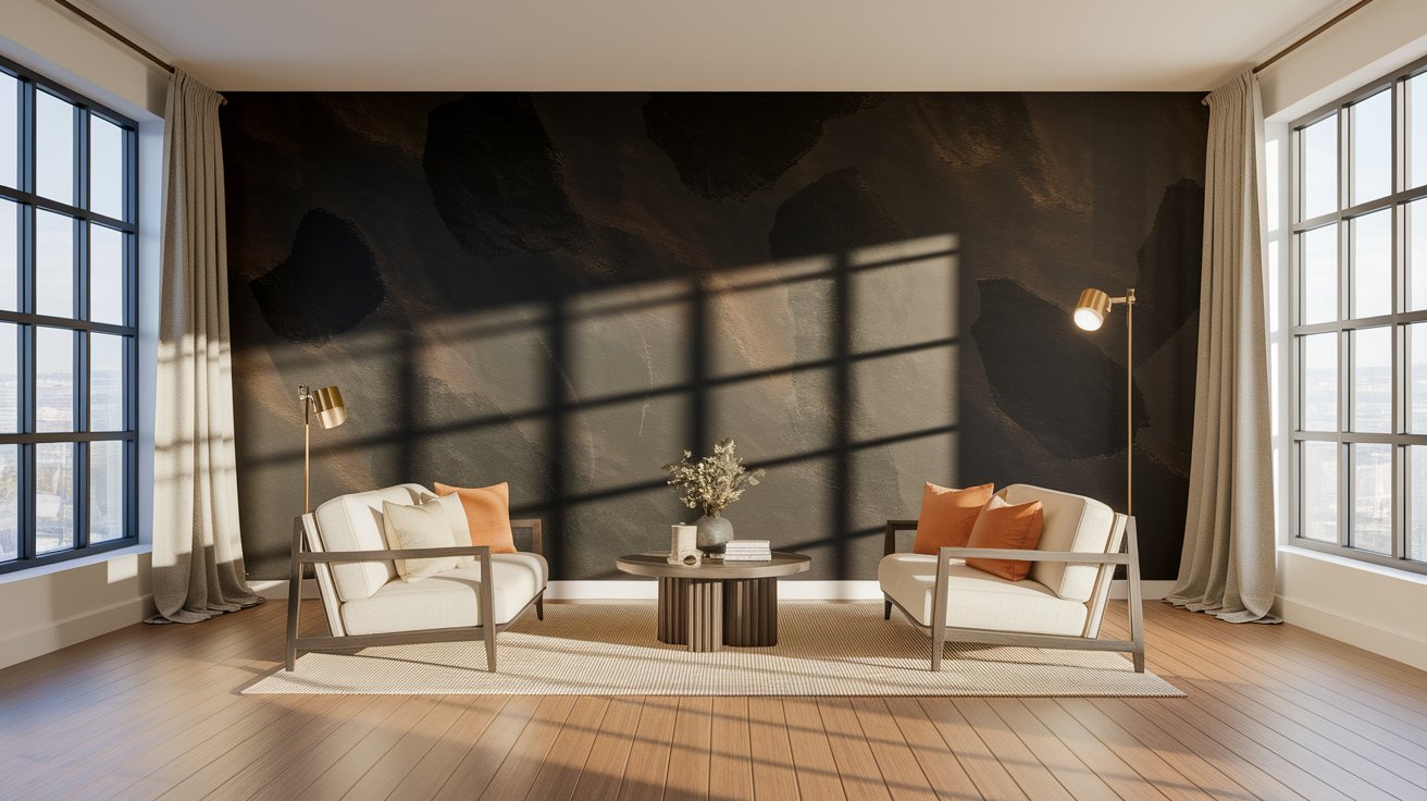 A spacious living room featuring a large wall mural and expansive windows allowing natural light to fill the space.
