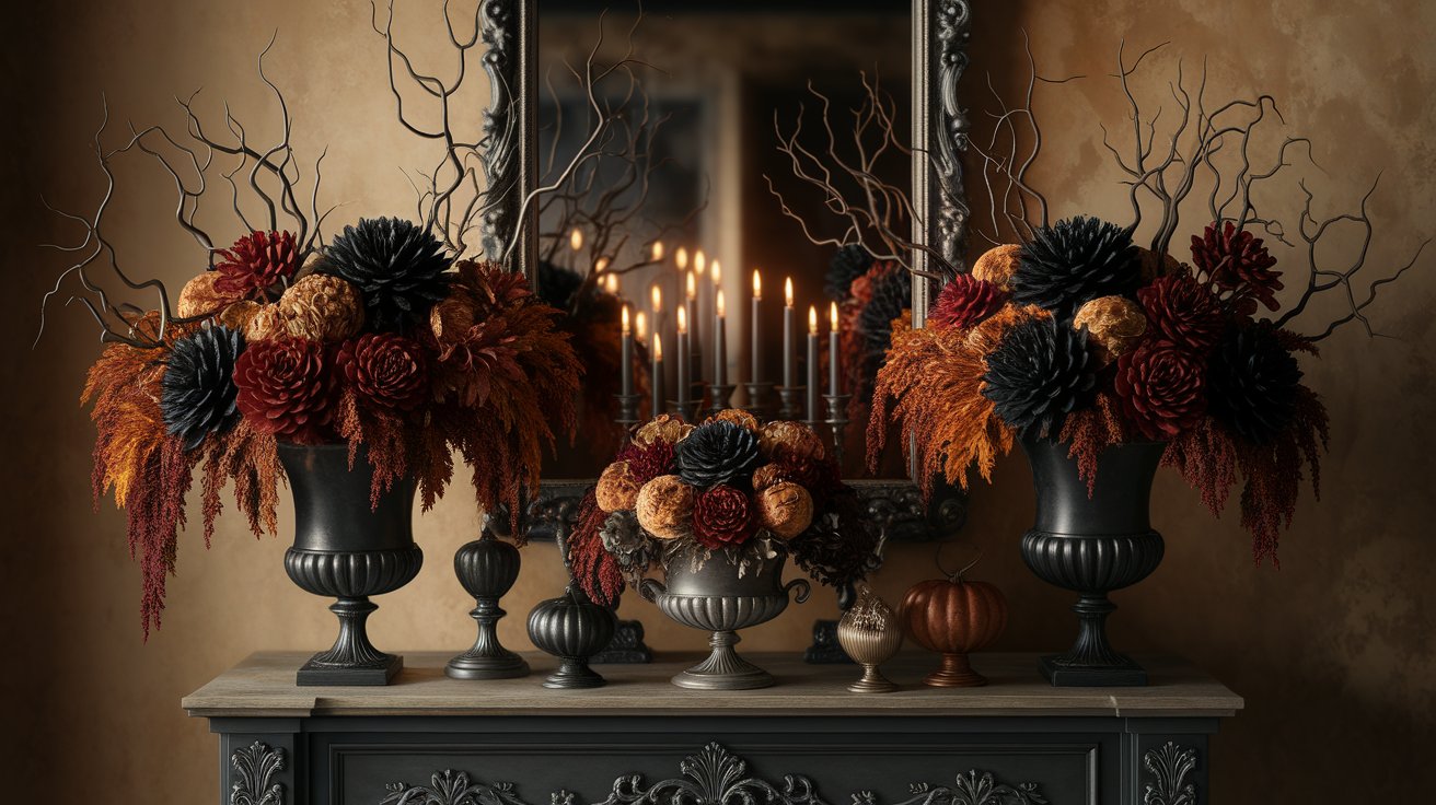 A table adorned with lit candles and elegant flower arrangements in vases.