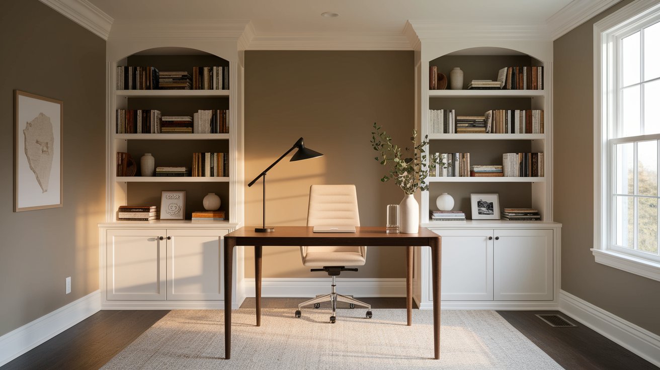 A home office featuring a desk and bookshelves filled with books, creating a cozy and organized workspace.
