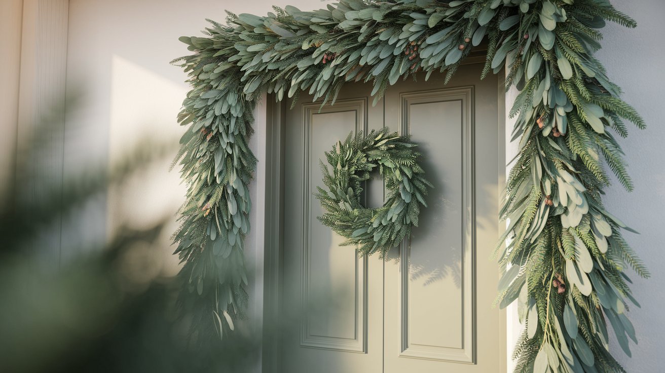 A vibrant wreath is displayed on the front door of a house, enhancing its curb appeal and inviting atmosphere.