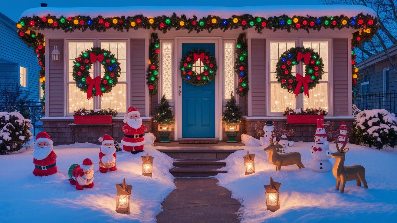 Festive Christmas decorations adorn the exterior of a home, featuring lights, wreaths, and holiday ornaments.