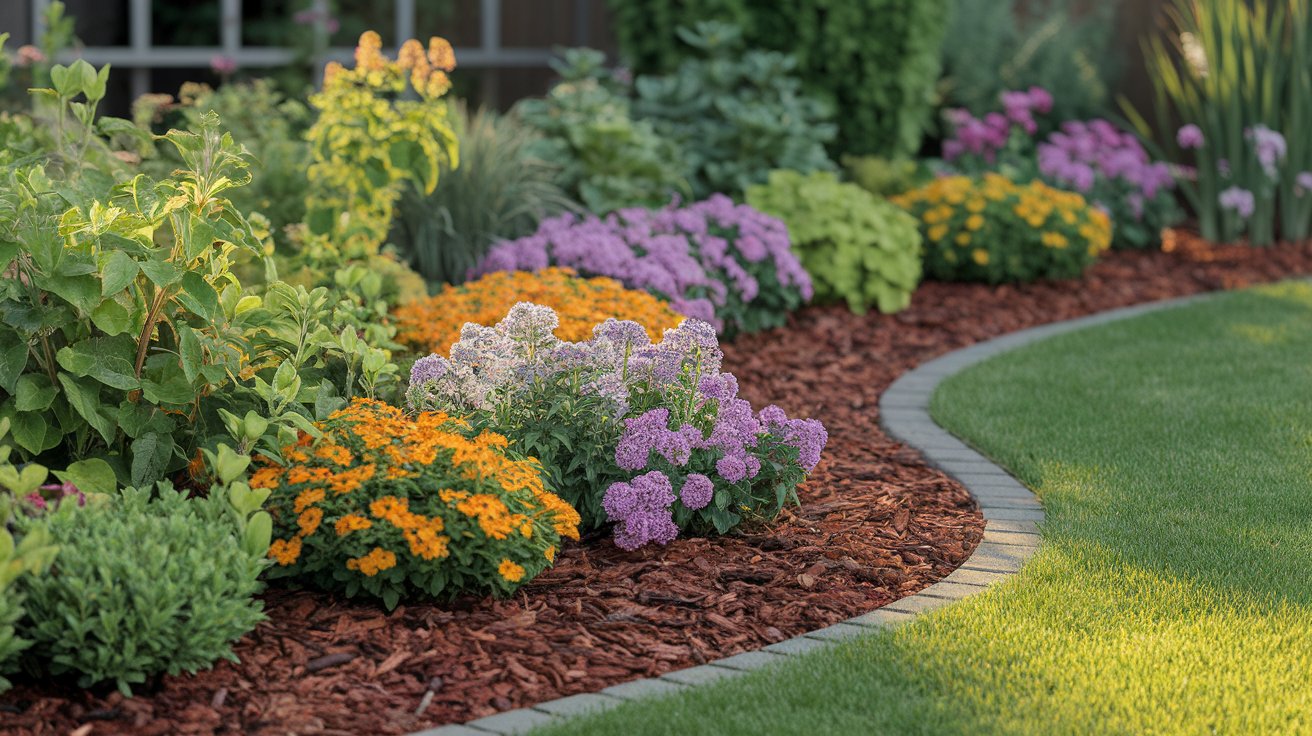 A vibrant garden filled with colorful flowers and lush green grass under a clear blue sky.

