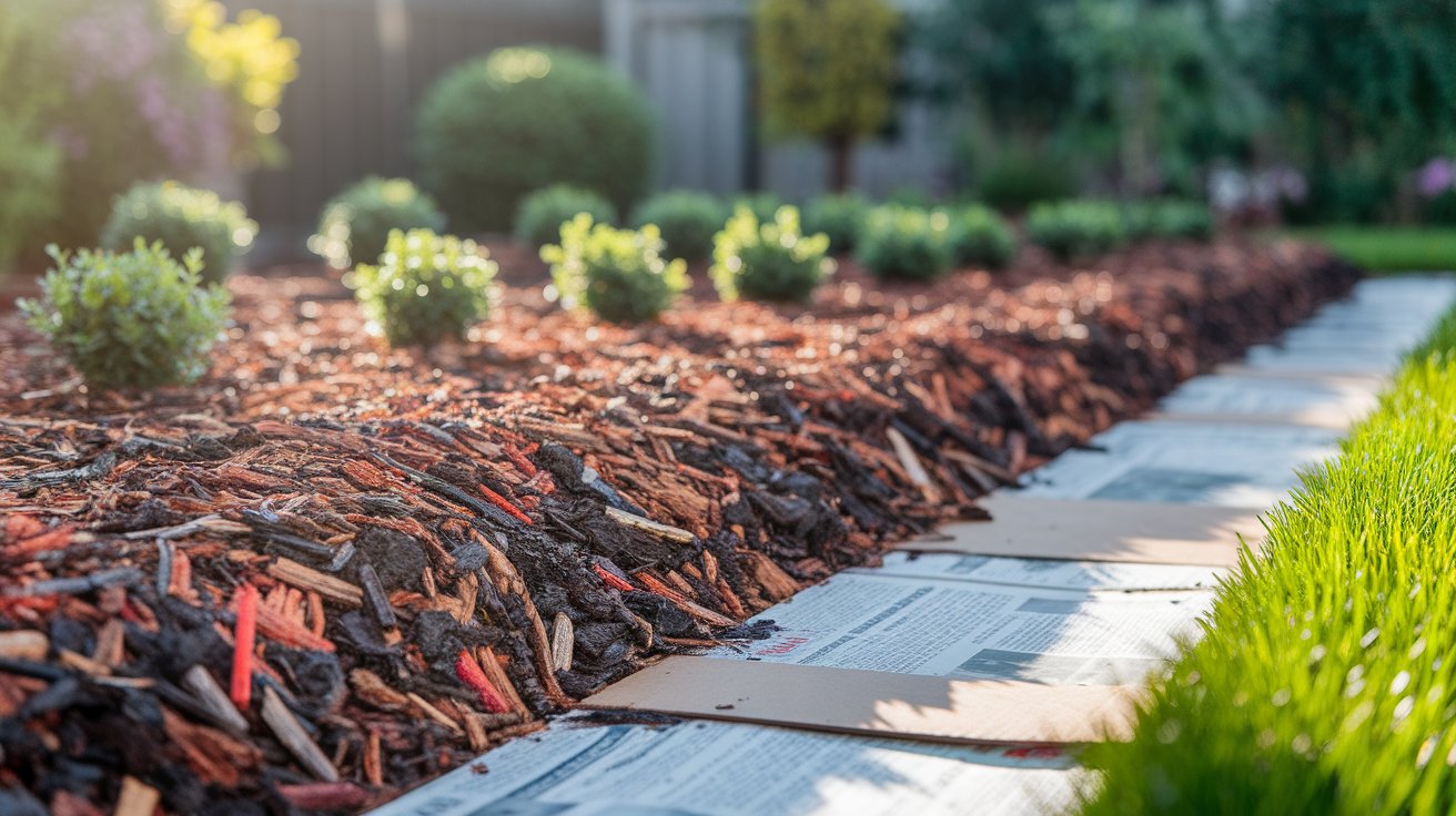 A vibrant garden featuring various plants surrounded by fresh mulch for enhanced growth and aesthetics.