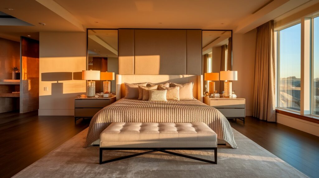 A spacious bedroom featuring a large bed and an expansive mirror reflecting the room's decor.