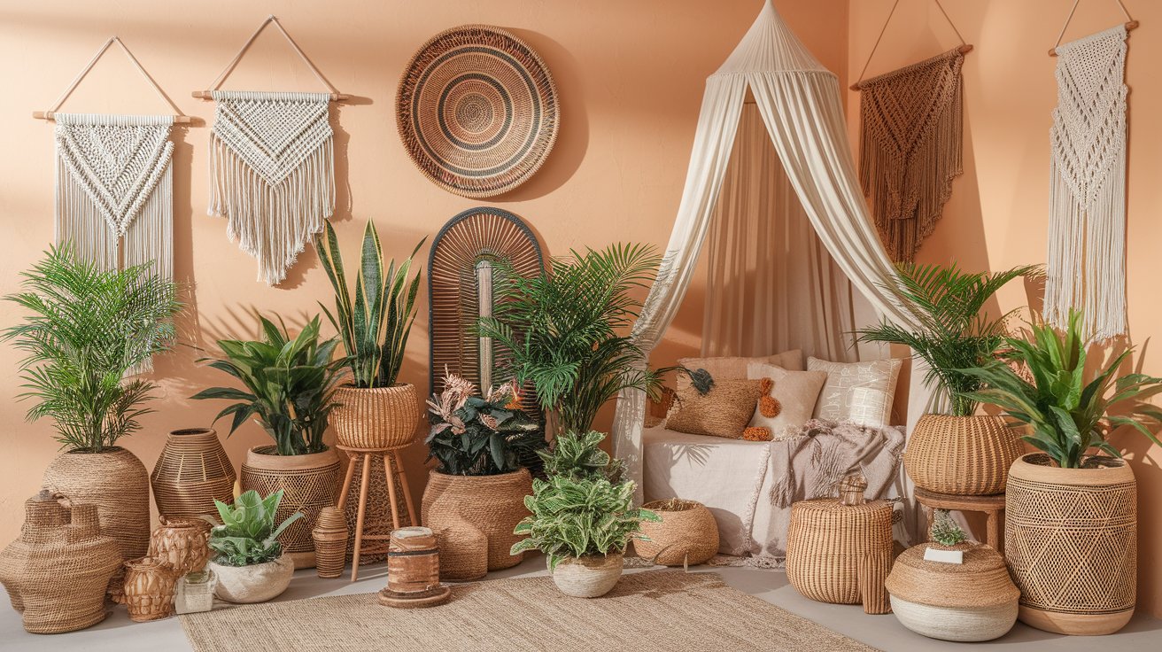 A bright room adorned with diverse plants and a delicate curtain draping gracefully from the ceiling.