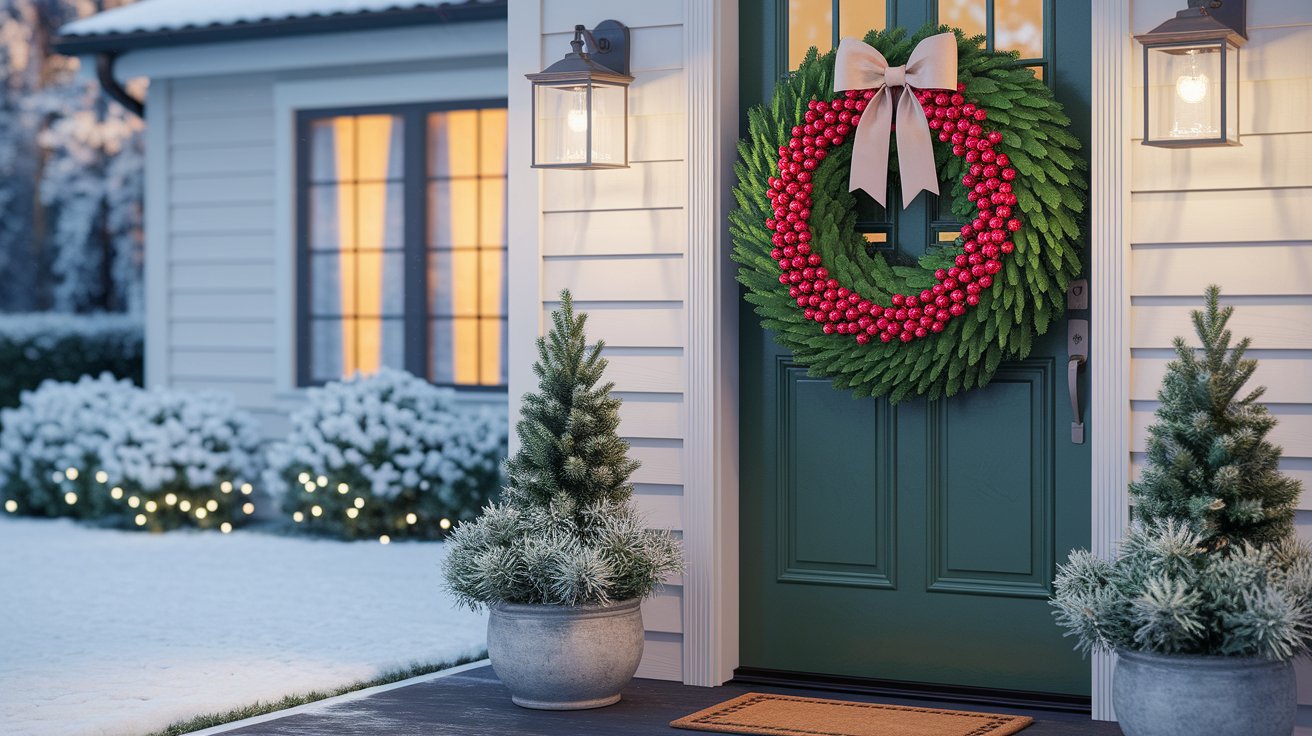 A green door adorned with a wreath, flanked by two potted plants on either side.