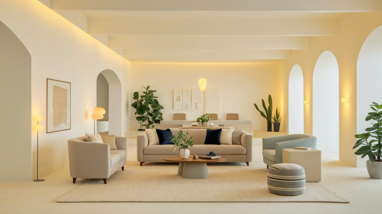 A bright living room featuring white walls and elegant arched windows, creating an open and airy atmosphere.
