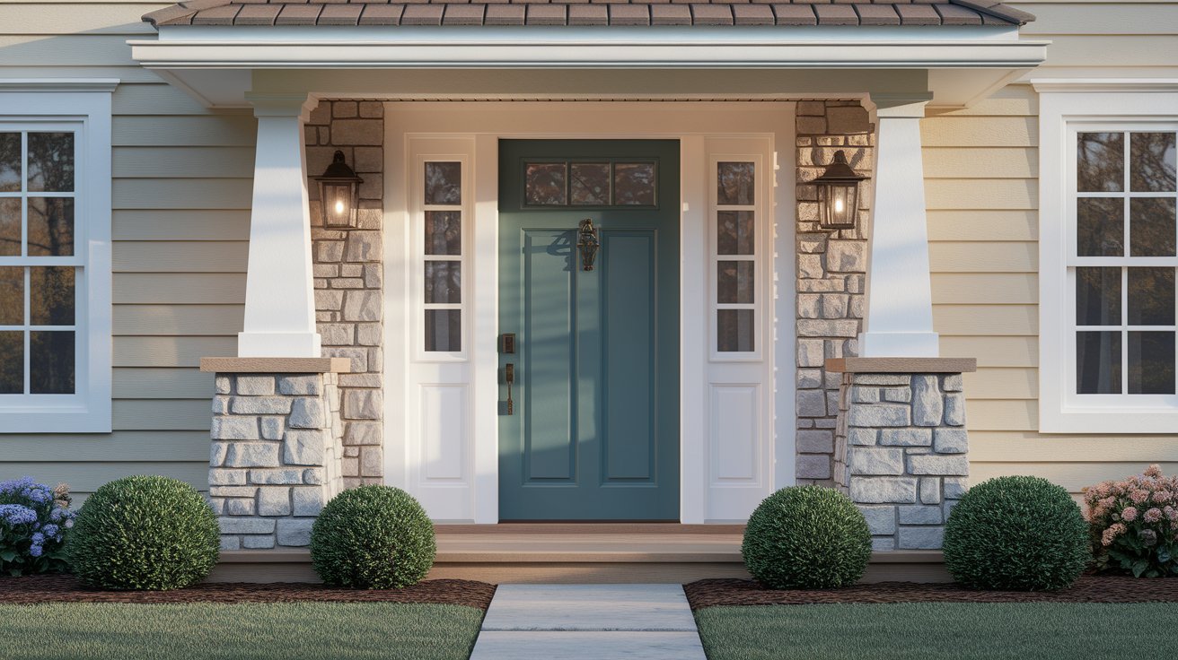  A front door featuring a blue color with white trim, showcasing a classic and inviting entrance.