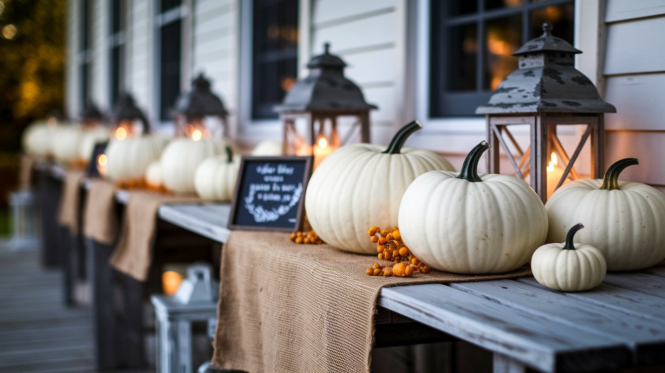 A decorative table featuring white pumpkins and lit candles, enhancing the seasonal atmosphere.