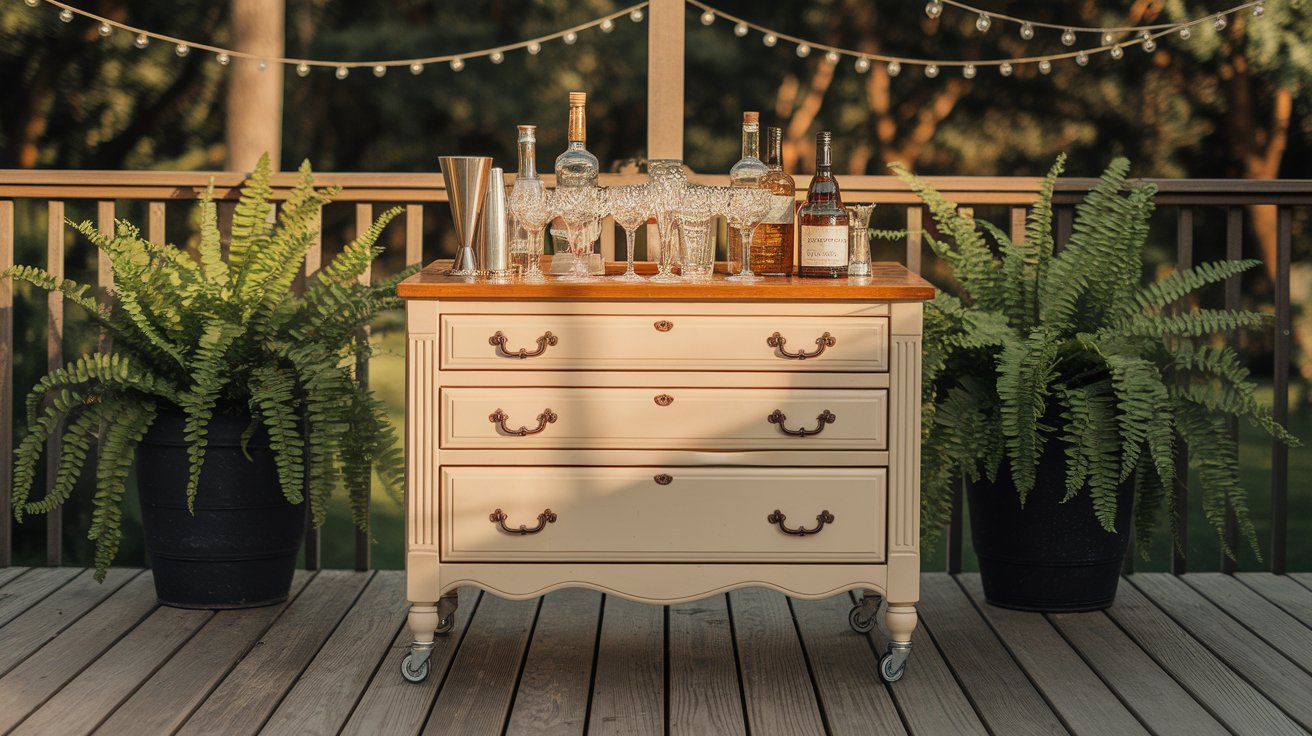 A stylish bar cart on a deck, surrounded by lush plants and various bottles, creating a vibrant outdoor atmosphere.