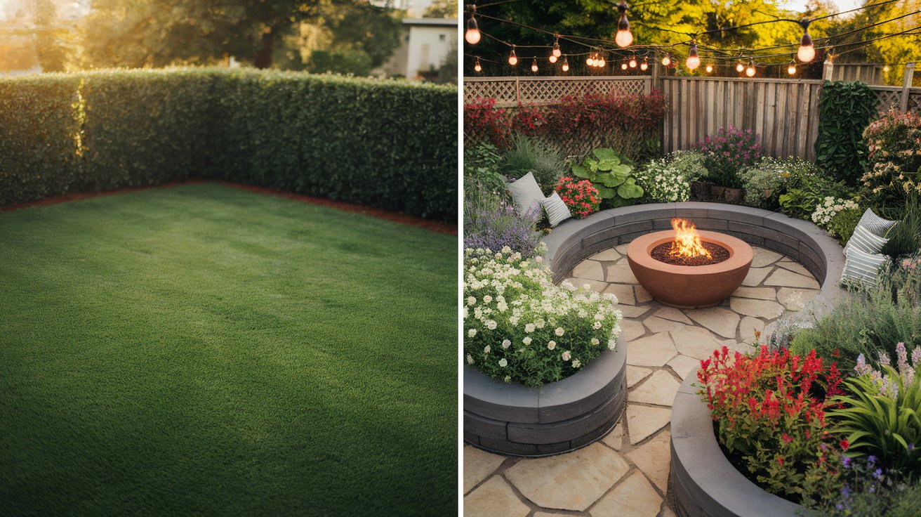 A serene garden featuring a fire pit surrounded by a lush green lawn, perfect for outdoor gatherings and relaxation.