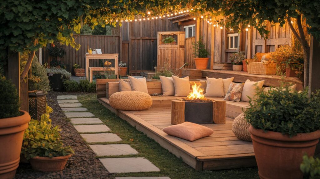 A cozy backyard featuring a fire pit surrounded by a comfortable seating area for relaxation and gatherings.