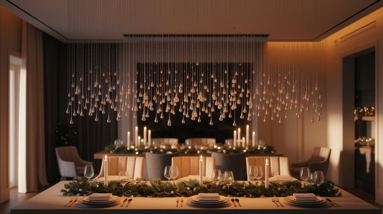 A warmly lit dining room featuring flickering candles and decorative lights, enhancing the ambiance for dining.