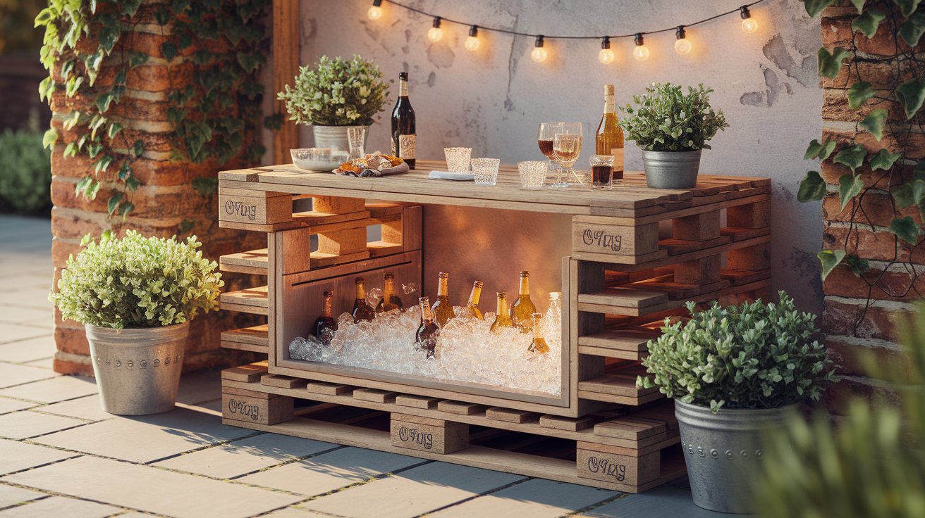 A wooden bar displaying various bottles and decorative plants arranged neatly on the surface.