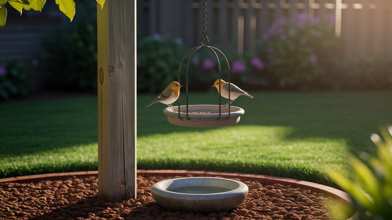 Two colorful birds perched on a bird feeder surrounded by lush greenery in a vibrant garden setting.