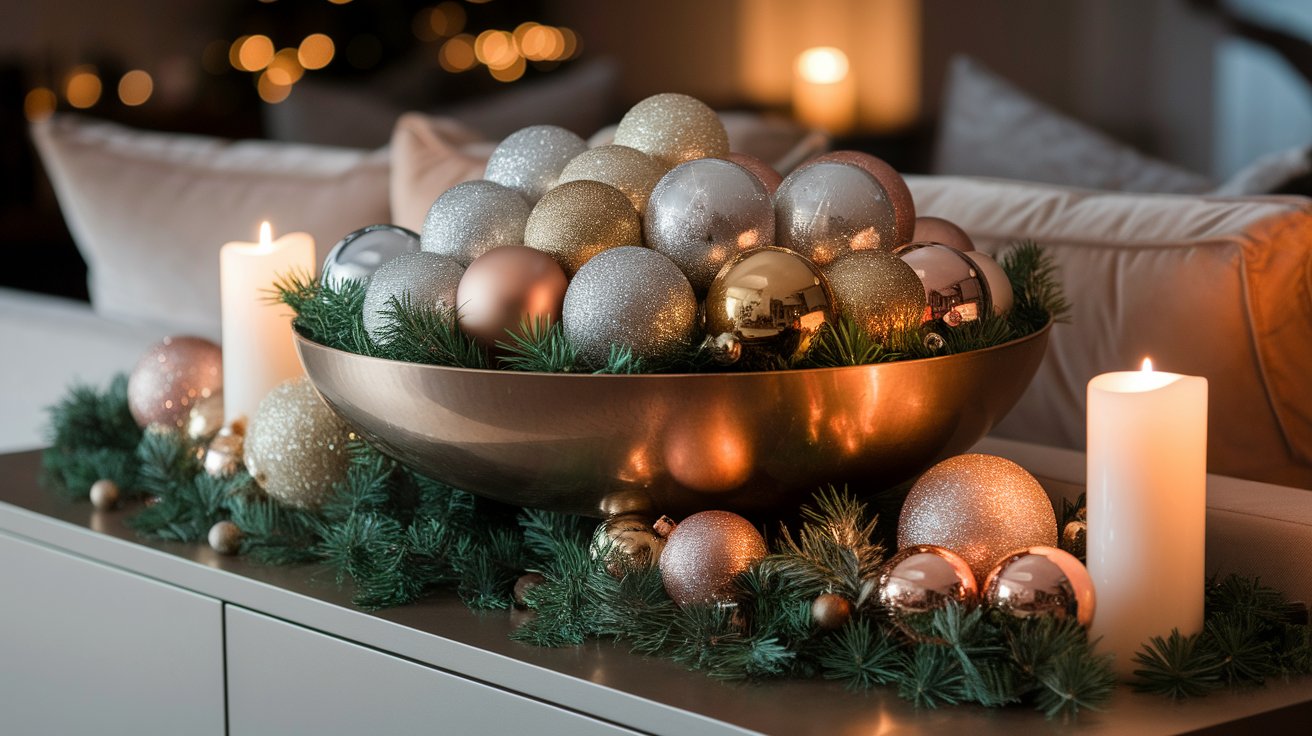 A decorative bowl filled with colorful Christmas balls and lit candles, creating a festive holiday ambiance.