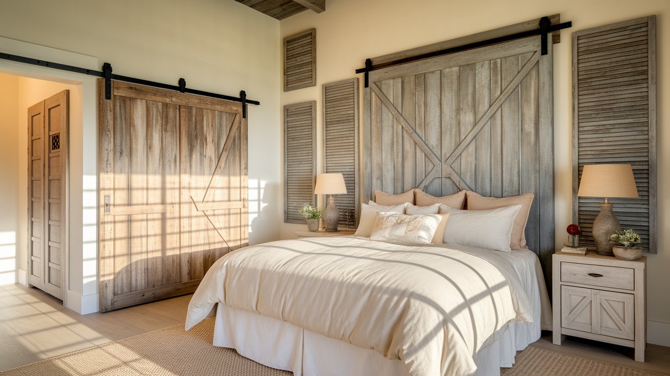 A cozy bedroom featuring a neatly made bed and wooden shutters partially open to let in natural light.
