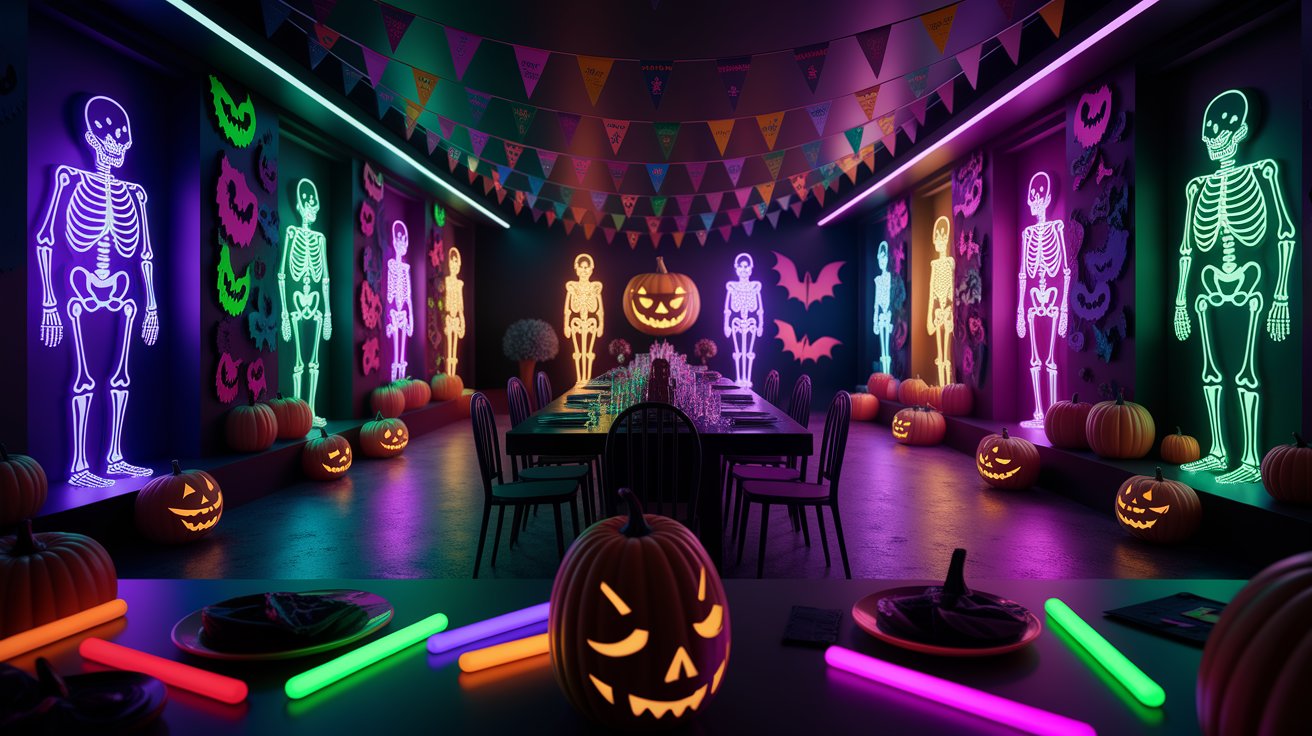 A Halloween party room featuring a prominent skeleton decoration among festive decorations and dim lighting.