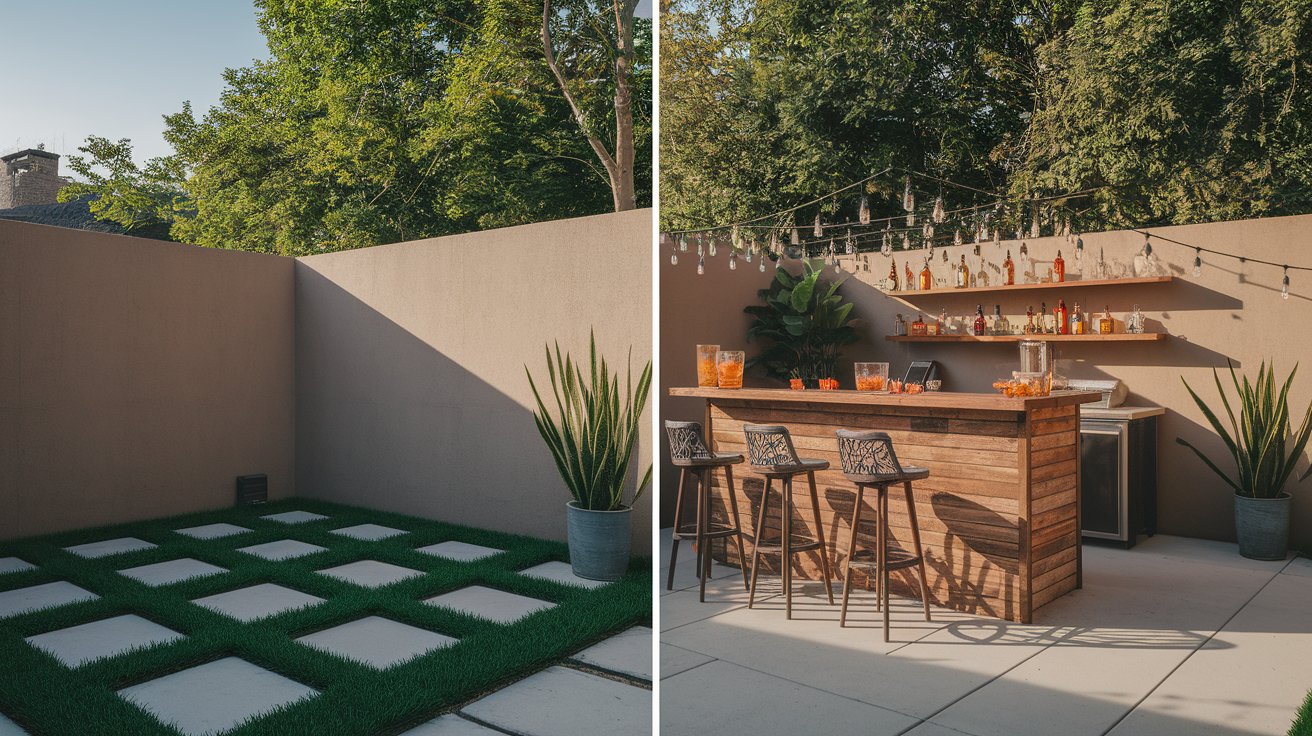  A backyard with a stylish bar and a vibrant grassy space, designed for leisure and social activities in a natural setting.