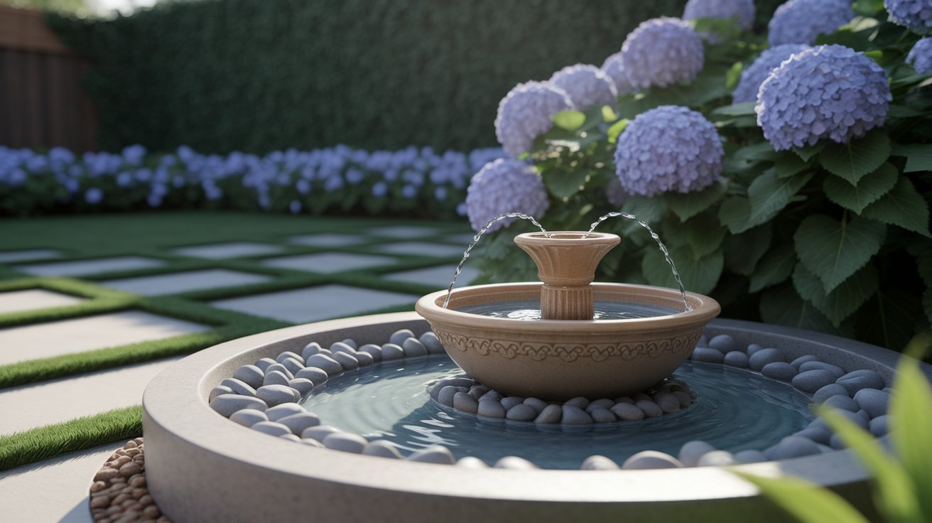 A serene garden featuring a fountain surrounded by vibrant flowers in full bloom.