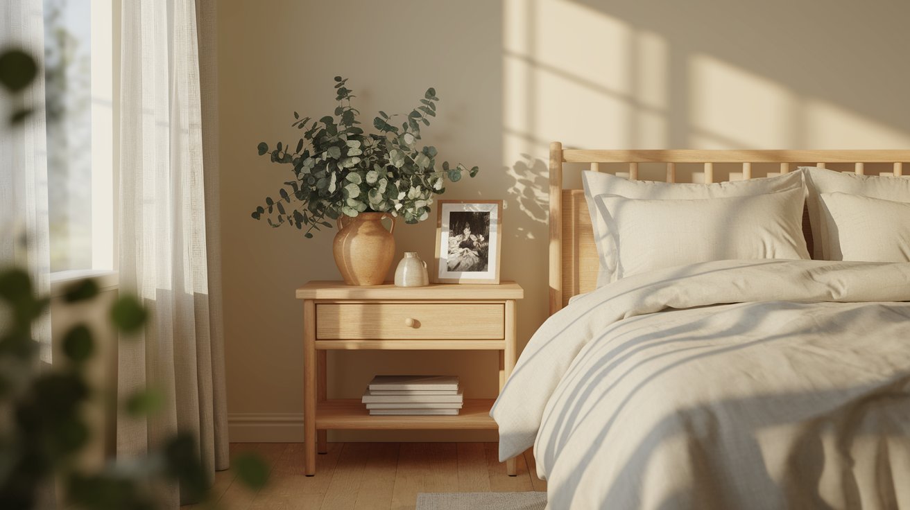 A cozy bedroom featuring a bed, a nightstand, and a potted plant beside the window.
