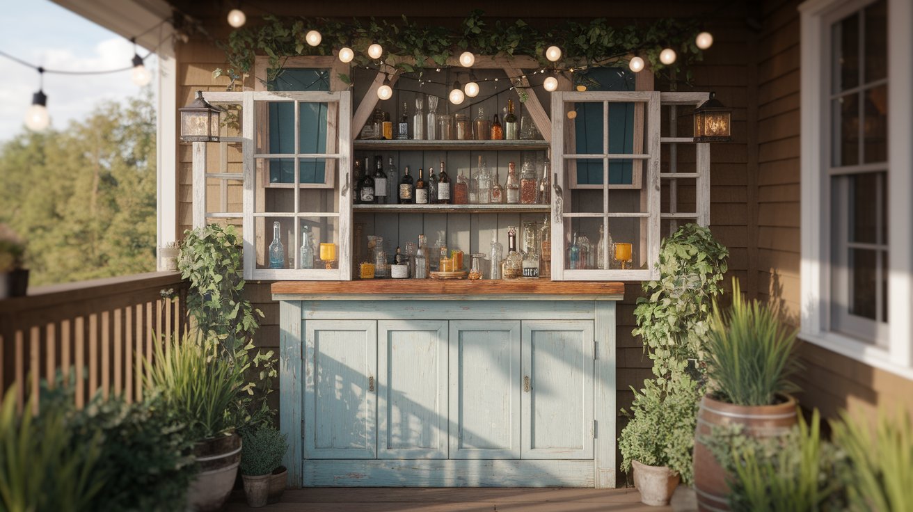 A cozy porch featuring a bar and various potted plants, creating a welcoming outdoor space.