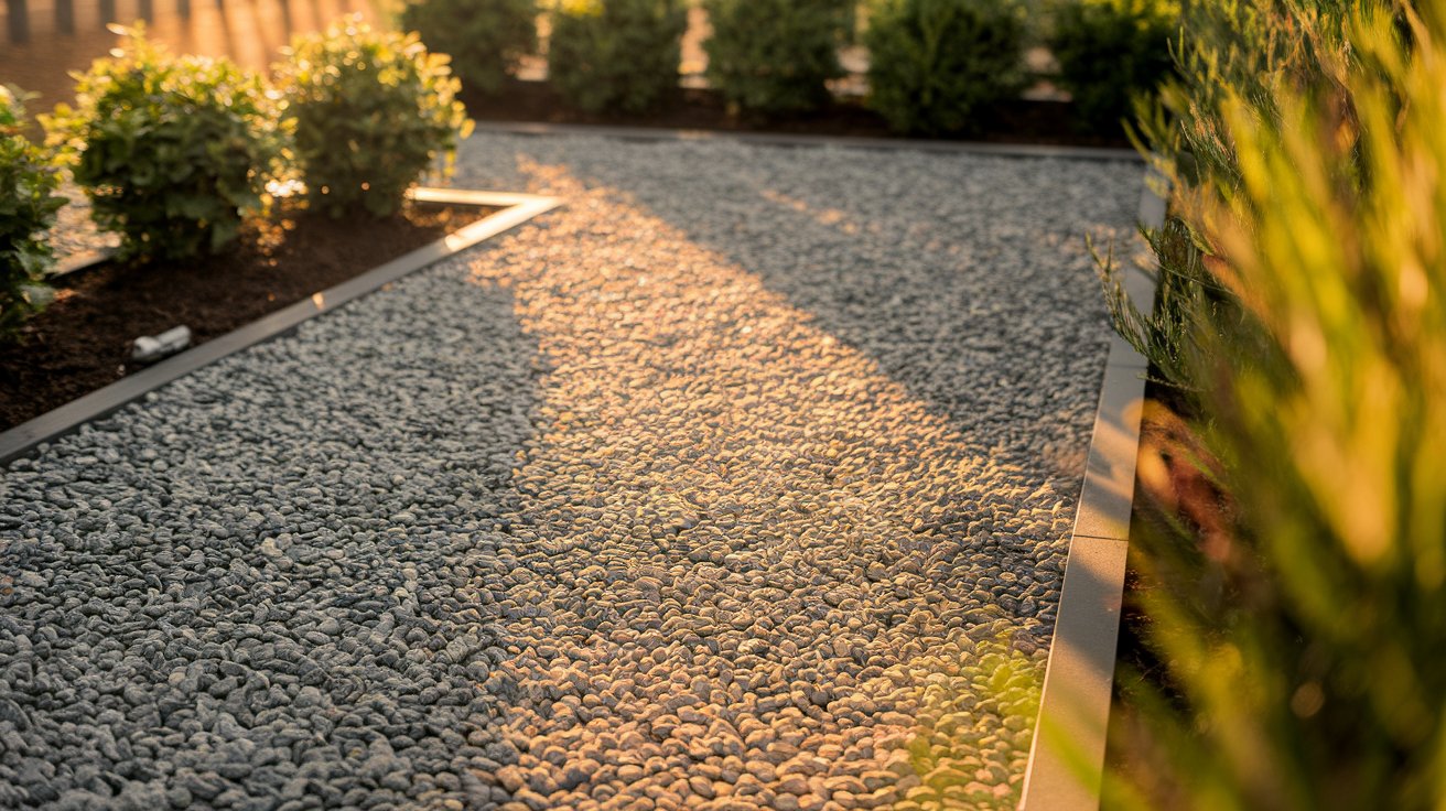 A gravel path bordered by various plants and shrubs, creating a natural and inviting outdoor setting.