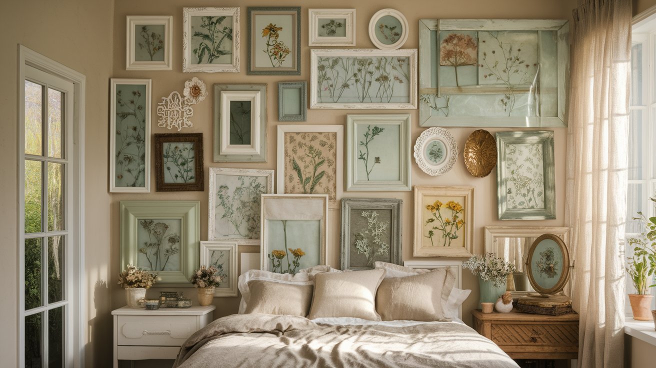 A cozy bedroom featuring a bed, a window, and a wall adorned with various framed pictures.