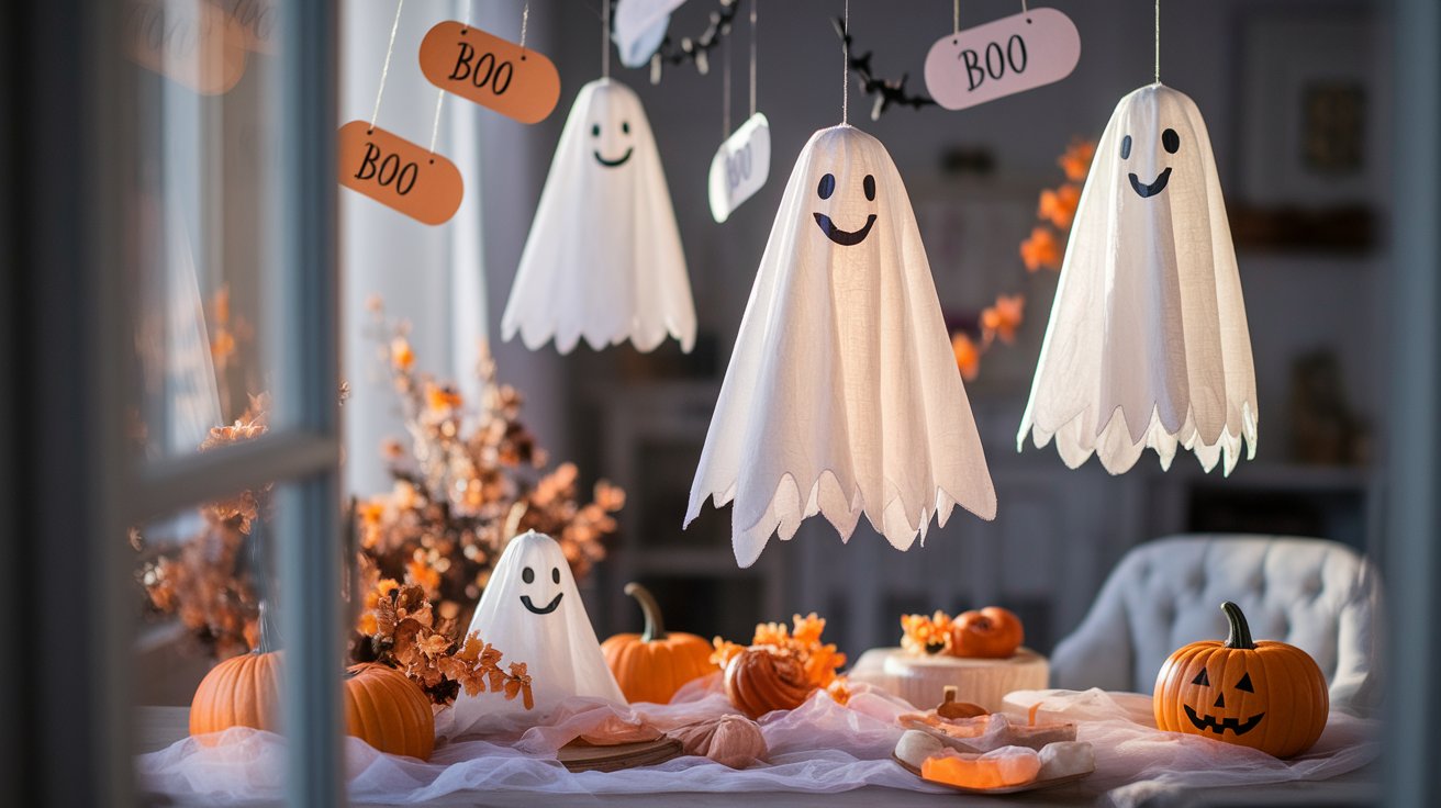 Halloween decorations, including bats and ghosts, hang from the ceiling, creating a festive and spooky atmosphere.