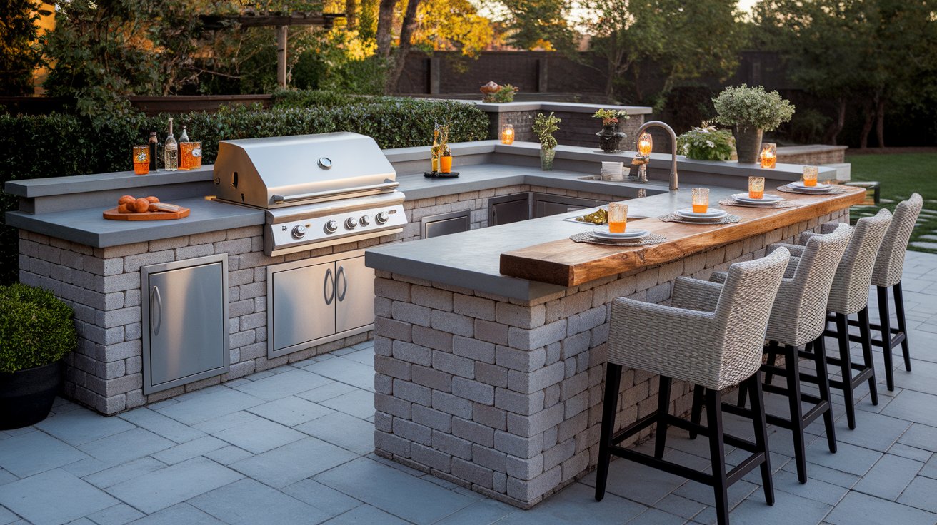 An outdoor kitchen featuring a grill and a bar area, surrounded by greenery and outdoor seating.