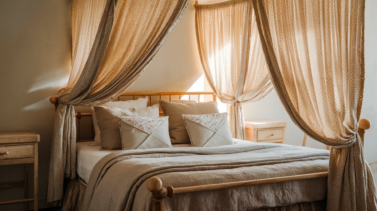 A cozy bed with a decorative canopy and an array of colorful pillows arranged neatly on top.
