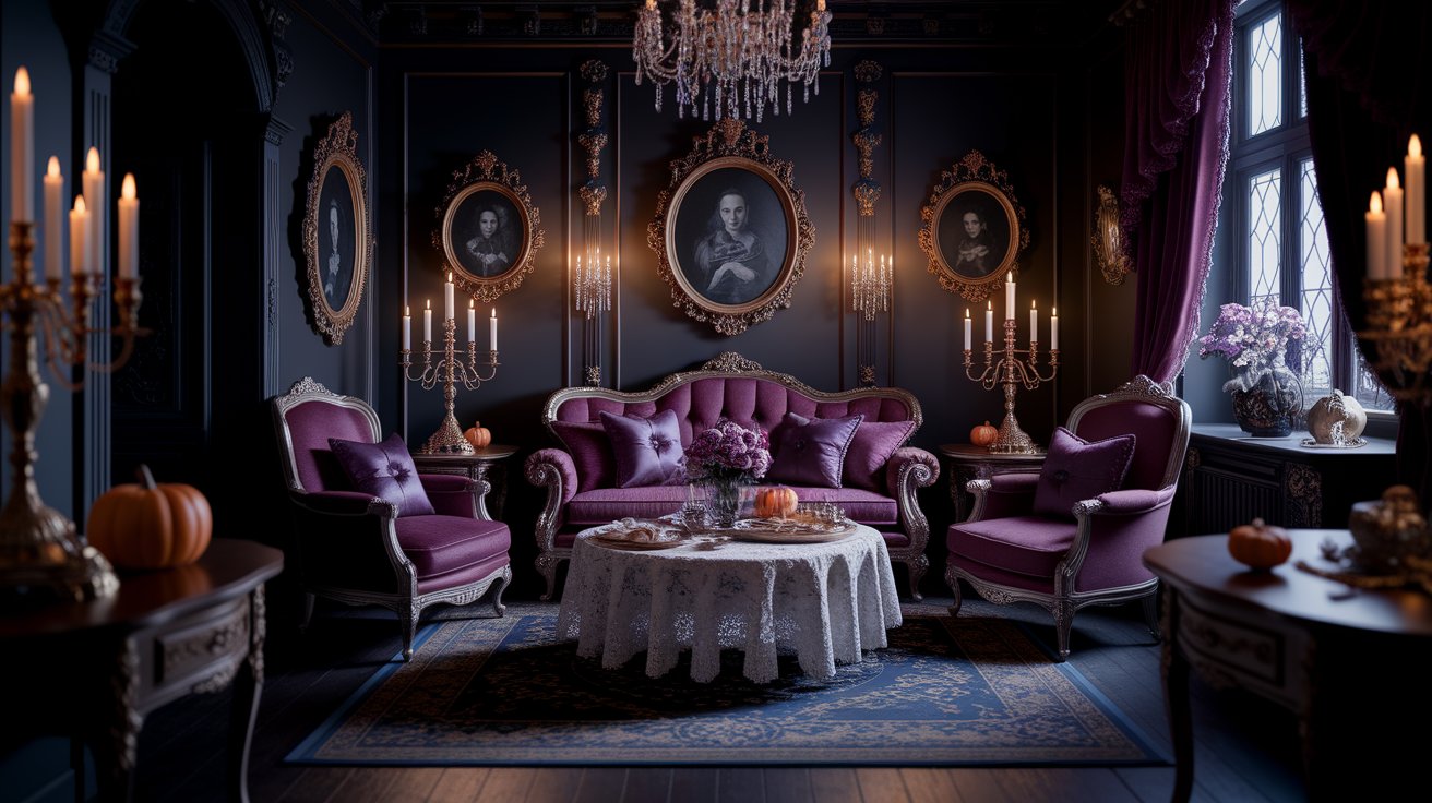 Two cats sit among colorful autumn leaves and pumpkins, creating a cozy fall scene.