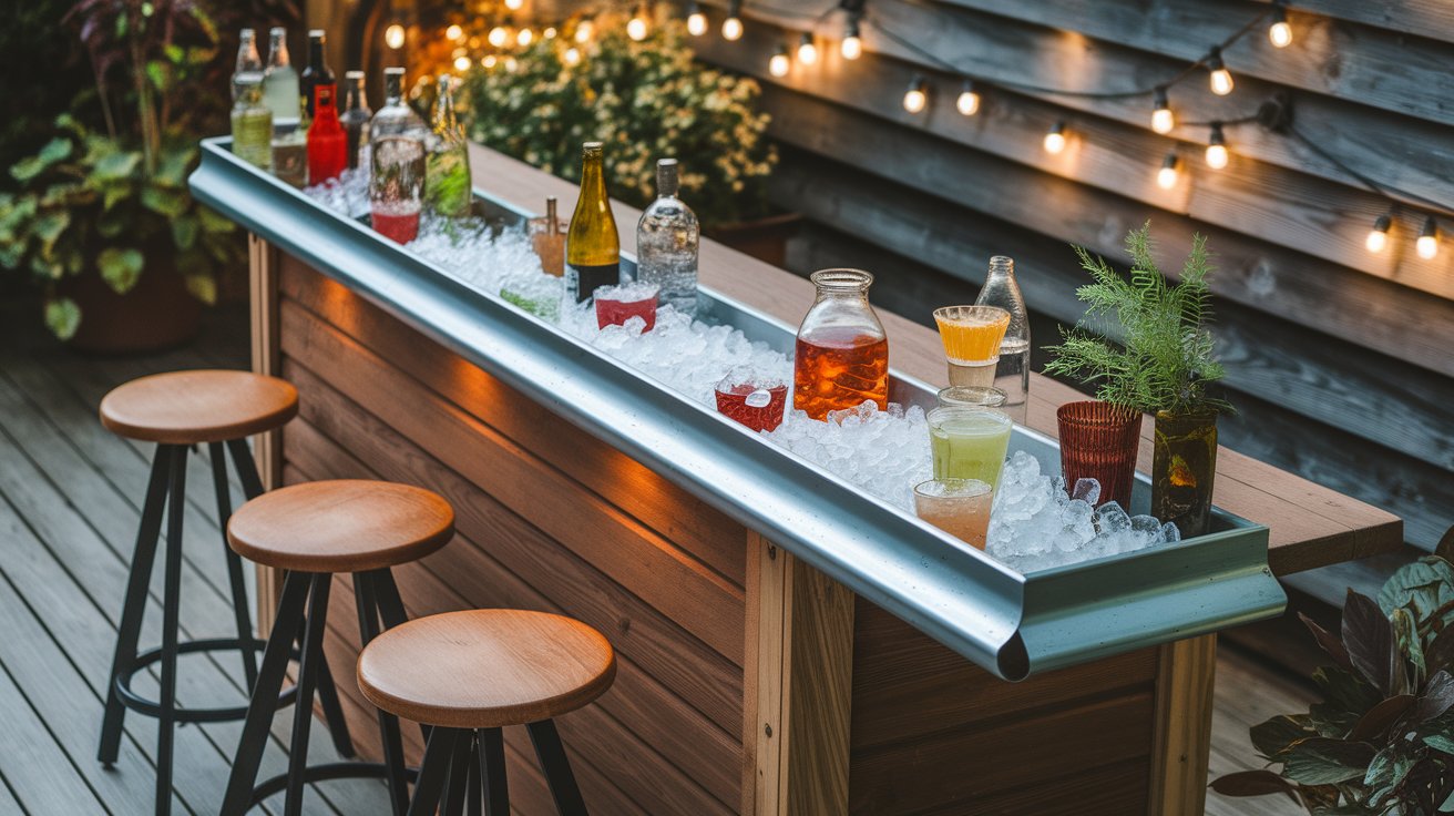 A wooden bar top with several stools arranged around it, creating a cozy seating area.