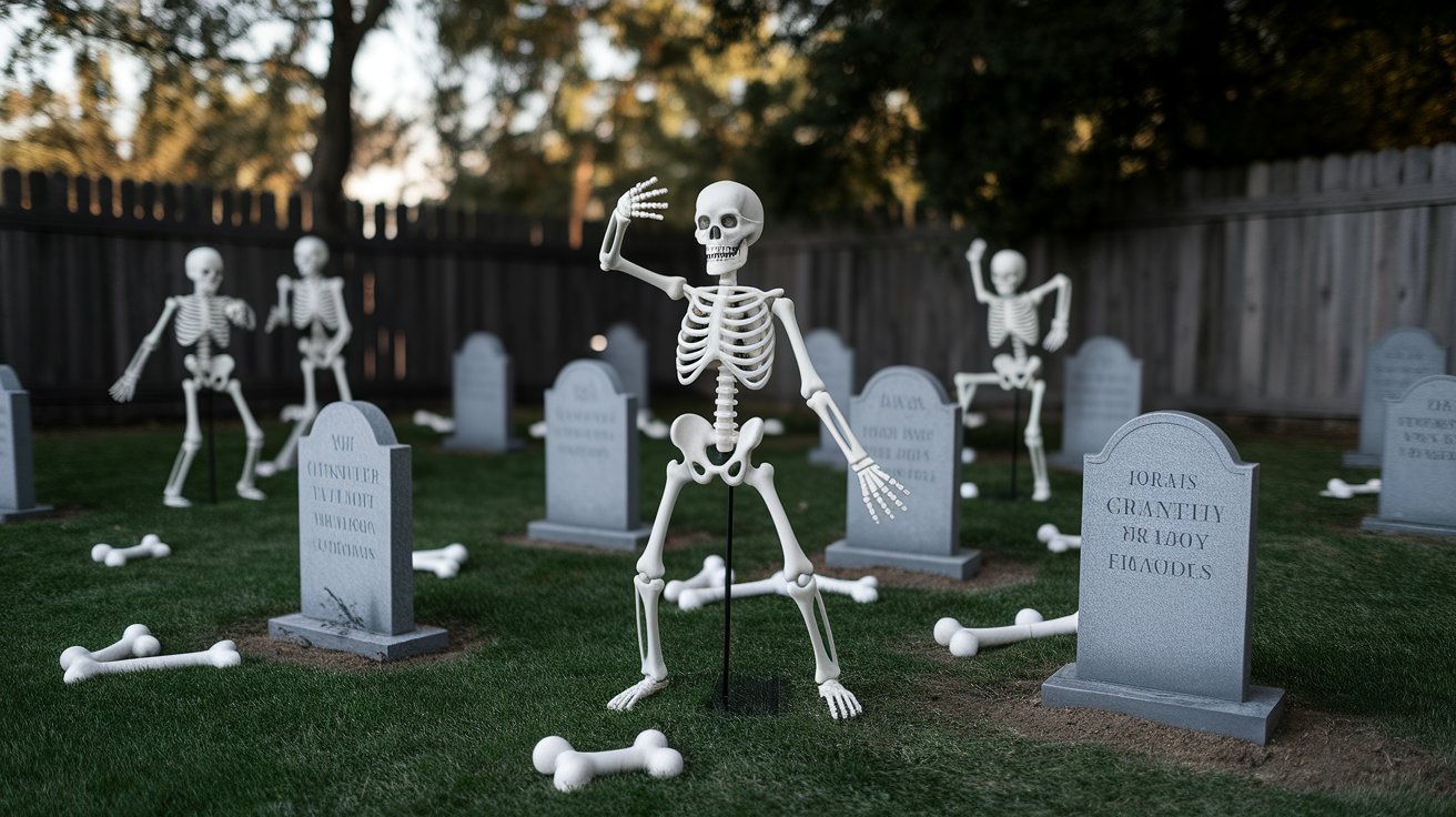 A group of skeletons stands in a yard surrounded by several tombstones, creating a spooky Halloween scene.