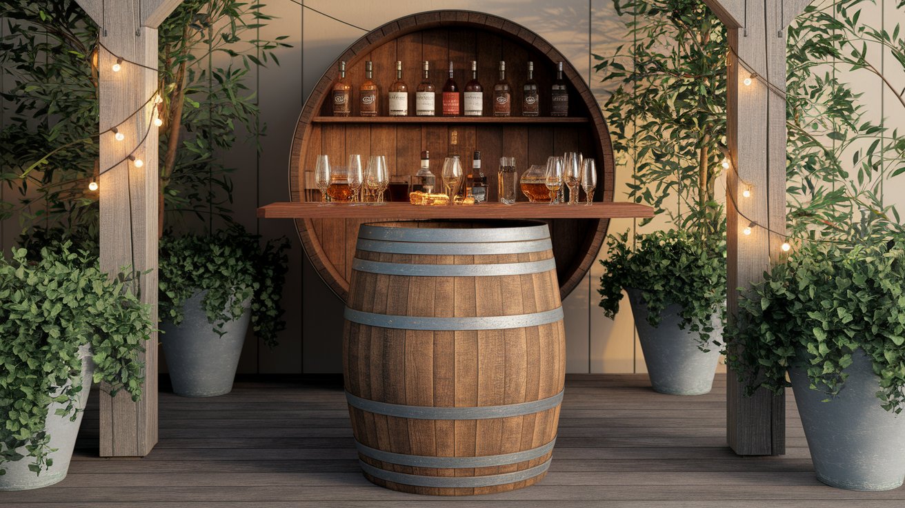 A wooden barrel with a shelf displaying various bottles arranged neatly on top.