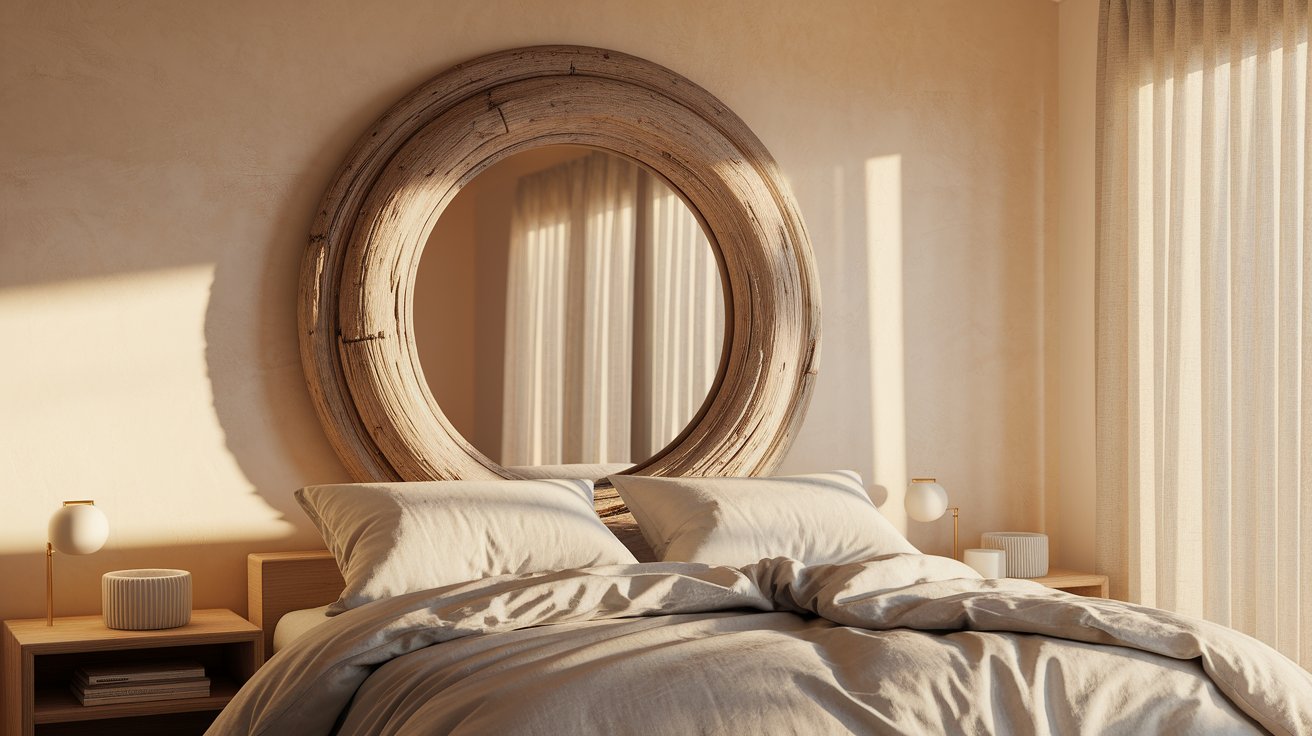 A cozy bedroom featuring a large round mirror mounted on the wall, reflecting the room's warm ambiance.