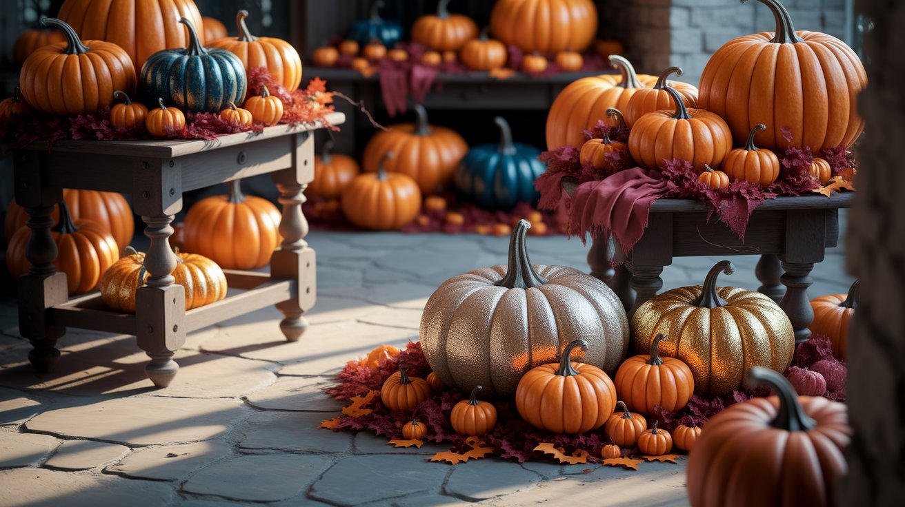 A collection of pumpkins and colorful leaves is artistically arranged on a wooden porch, evoking a cozy autumn atmosphere.