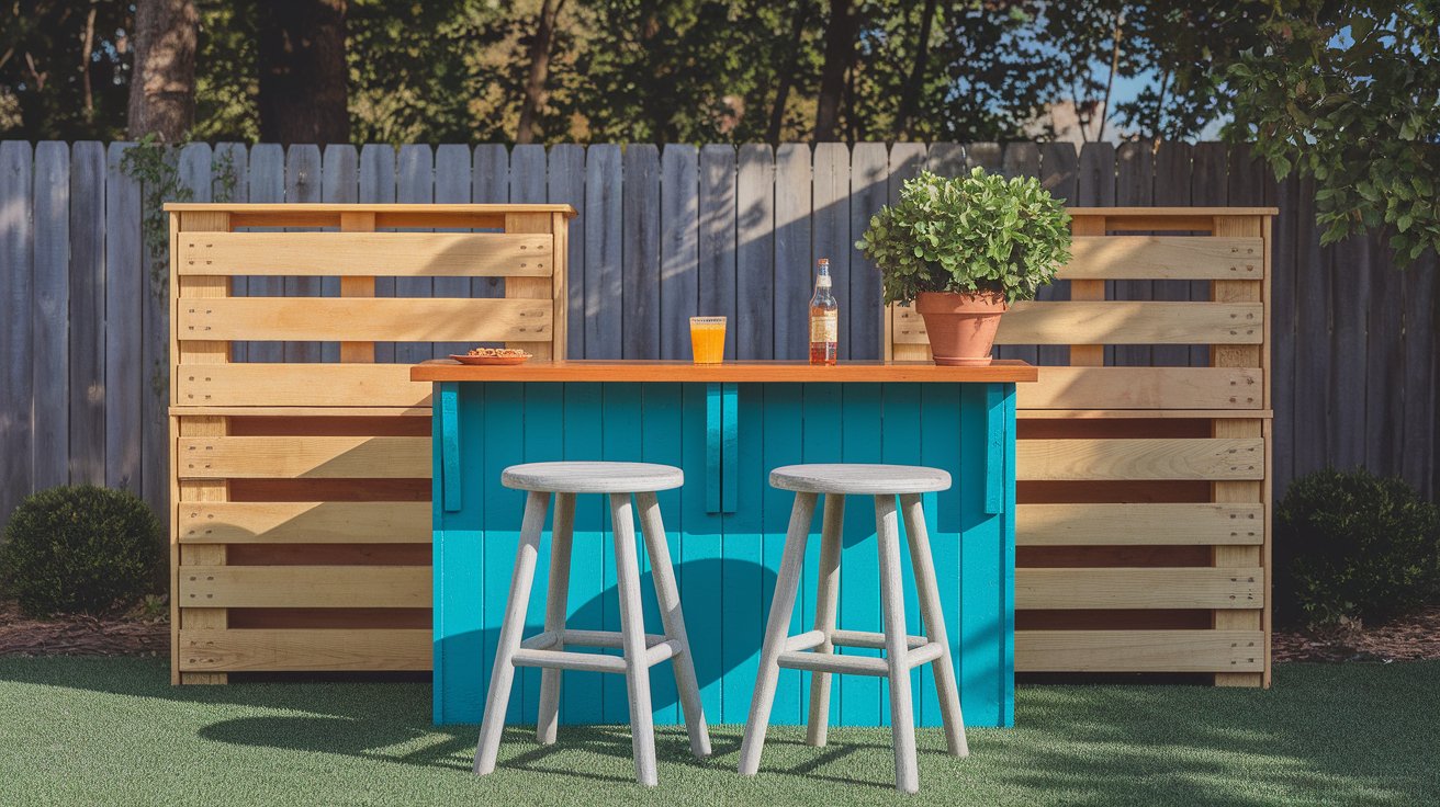 A rustic backyard bar constructed from wooden pallets, featuring a simple design and outdoor seating area.