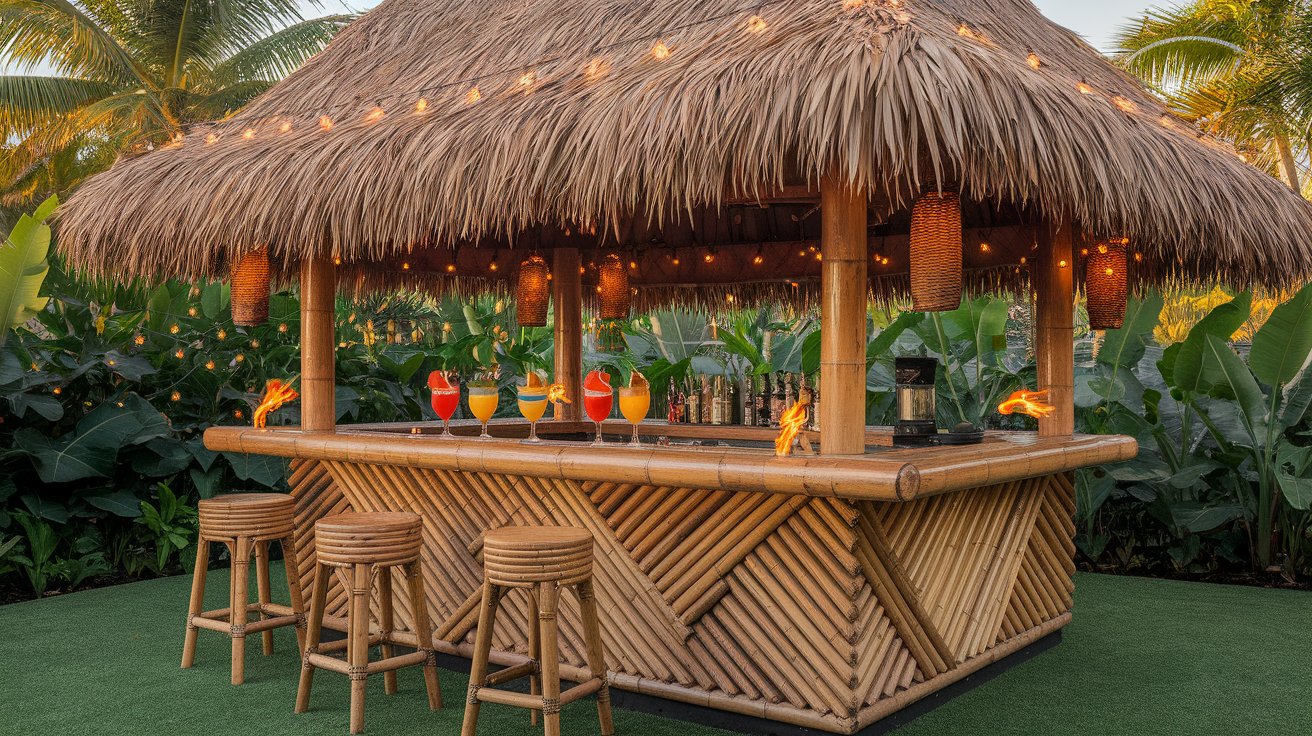 A tiki bar featuring colorful stools and string lights, creating a vibrant and inviting atmosphere.