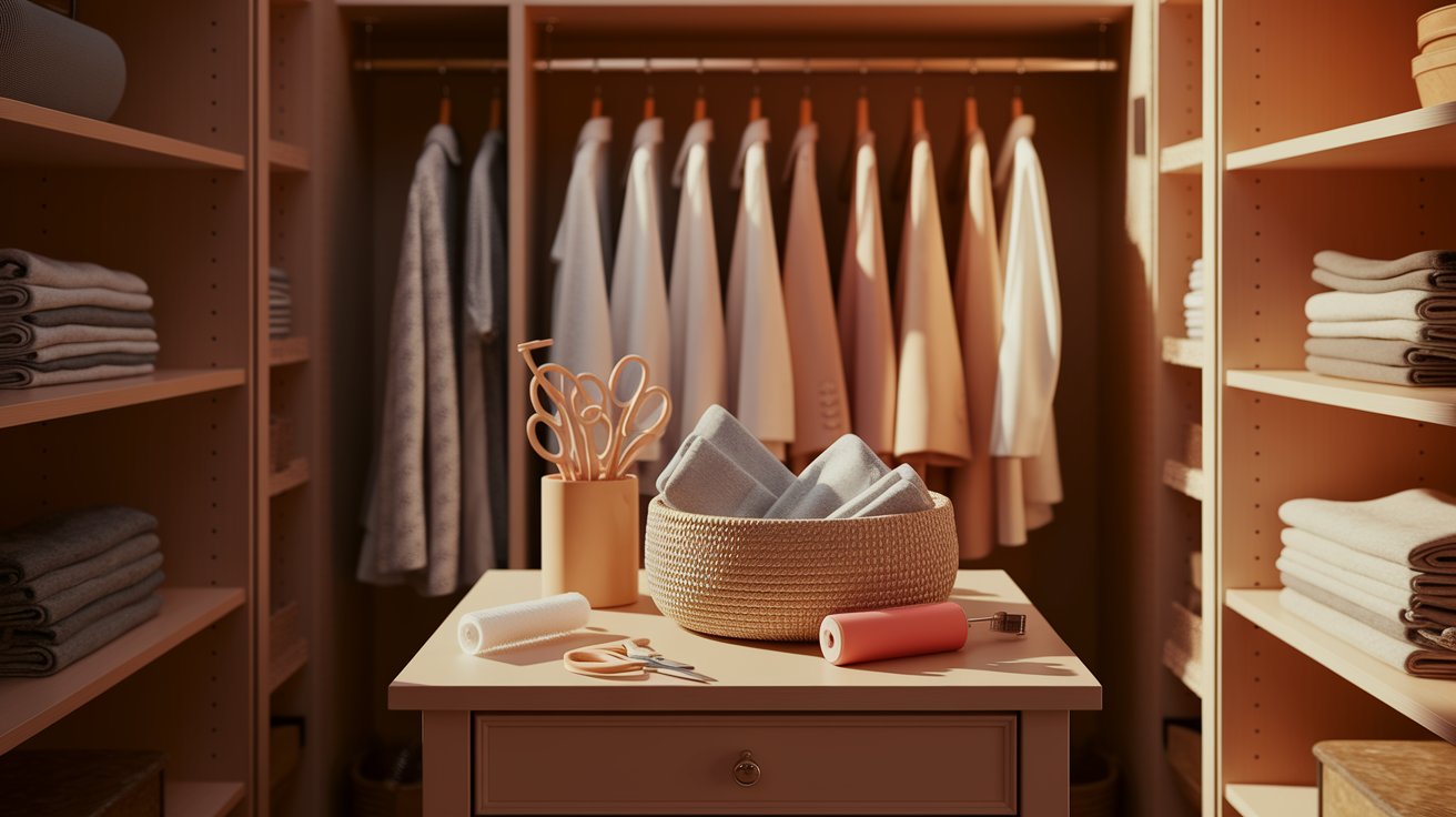 A closet interior featuring neatly arranged clothes and towels on a shelf.
