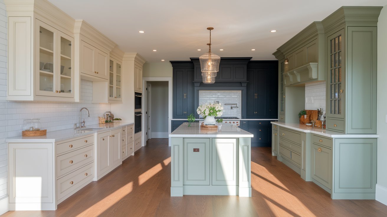 A modern kitchen featuring green cabinets and warm wood floors, creating a vibrant and inviting atmosphere.