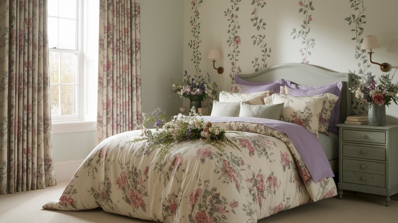 A cozy bedroom featuring floral wallpaper and a bed adorned with purple and lavender bedding.