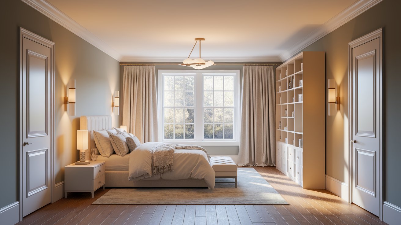 A cozy bedroom featuring a bed, a bookshelf filled with books, and a window allowing natural light to enter.
