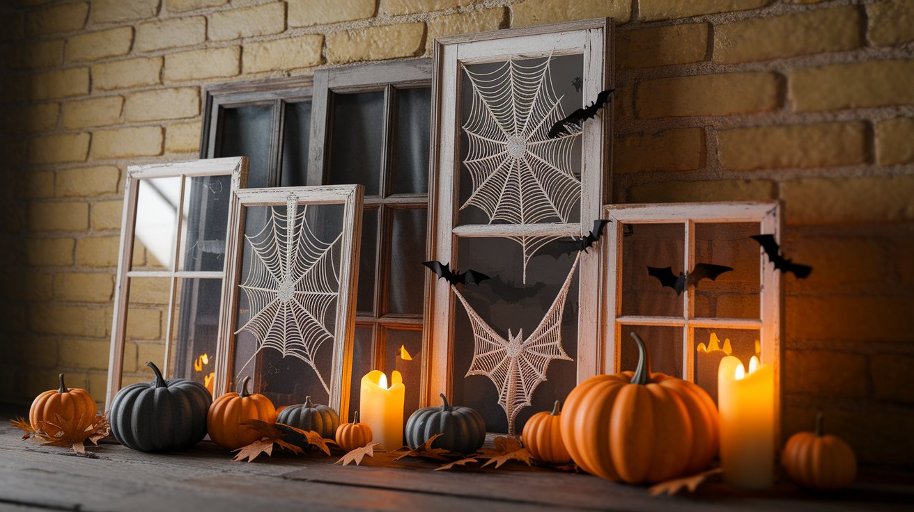 Halloween decorations featuring flickering candles surrounded by intricate spider webs create a spooky atmosphere.
