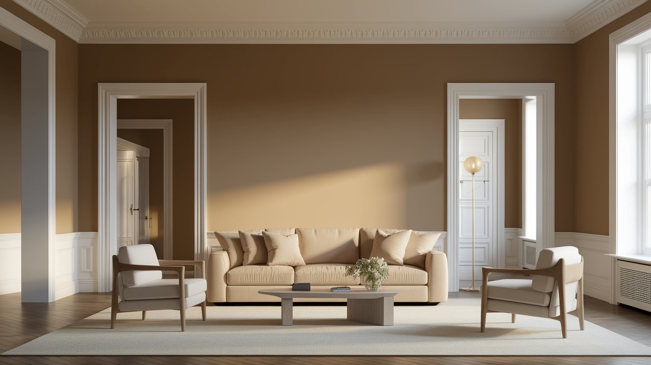 A cozy living room featuring beige walls and polished hardwood floors, creating a warm and inviting atmosphere.