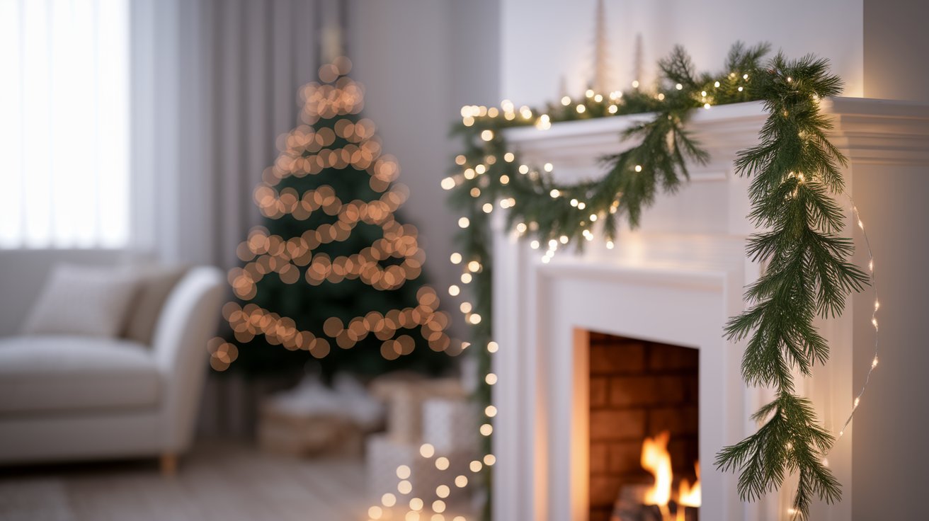 A cozy fireplace adorned with a Christmas tree and festive garland, creating a warm holiday atmosphere.