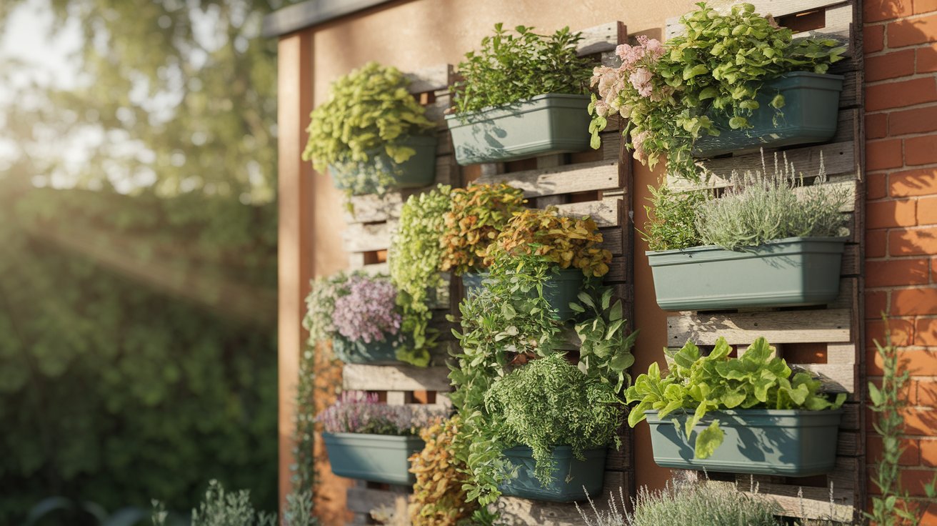 A vertical garden wall featuring various pots filled with thriving herbs.