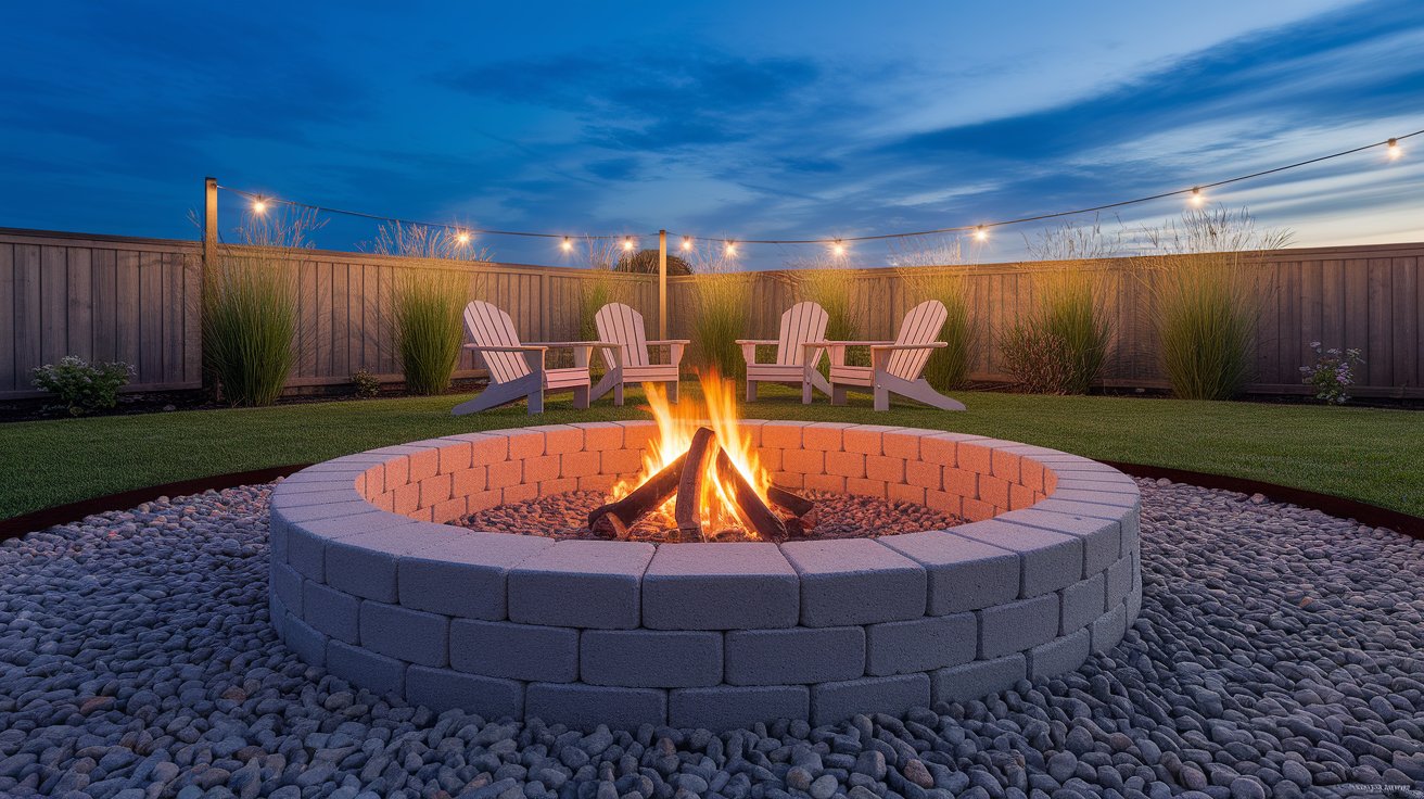 A cozy backyard fire pit surrounded by chairs and illuminated by warm string lights in the evening.